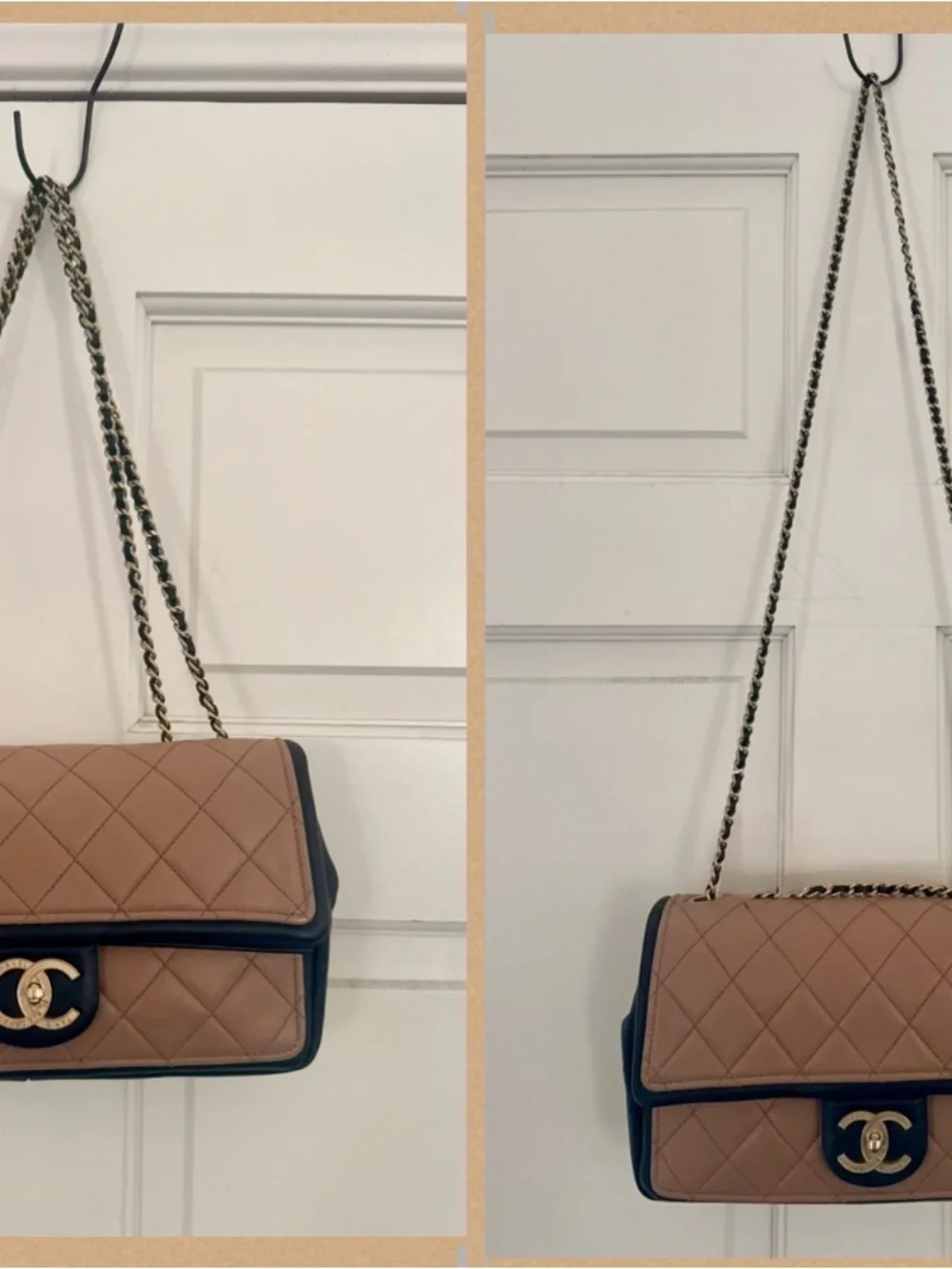 Authentic Chanel Quilted Flap Shoulder Bag - Beige with Black Trim